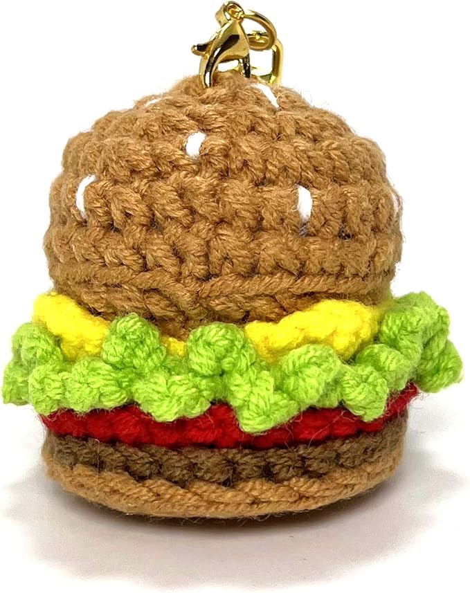 Handmade Crocheted Hamburger Ornament, Backpack Handmade Keychain, Gift for Him/Her