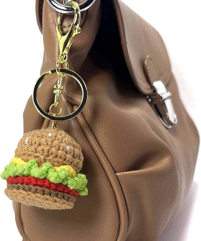 Handmade Crocheted Hamburger Ornament, Backpack Handmade Keychain, Gift for Him/Her